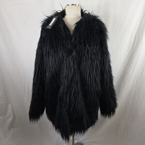 Pretty Little Thing Black Faux Fur Shaggy Jacket Coat Womens 1X Boho Mob Goth